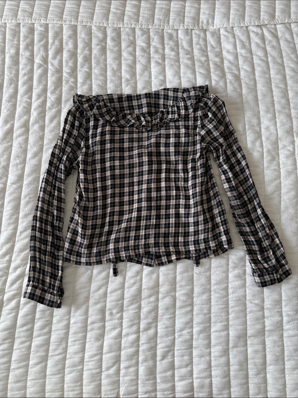 Doen Black & Cream Plaid Ruffle Collar Button-Down Top - Picture 5 of 6